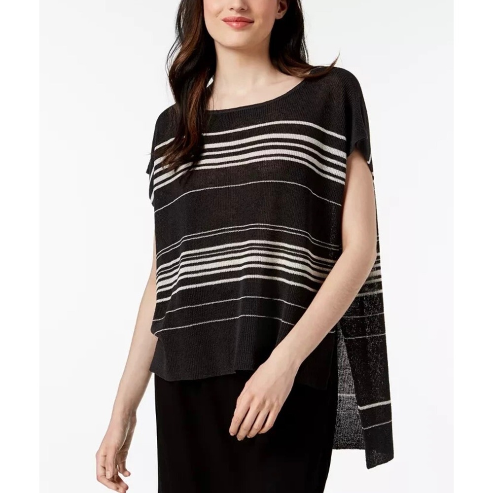 Eileen Fisher Striped‎ Poncho Medium Oversized Crepe Knit Bateau Neck